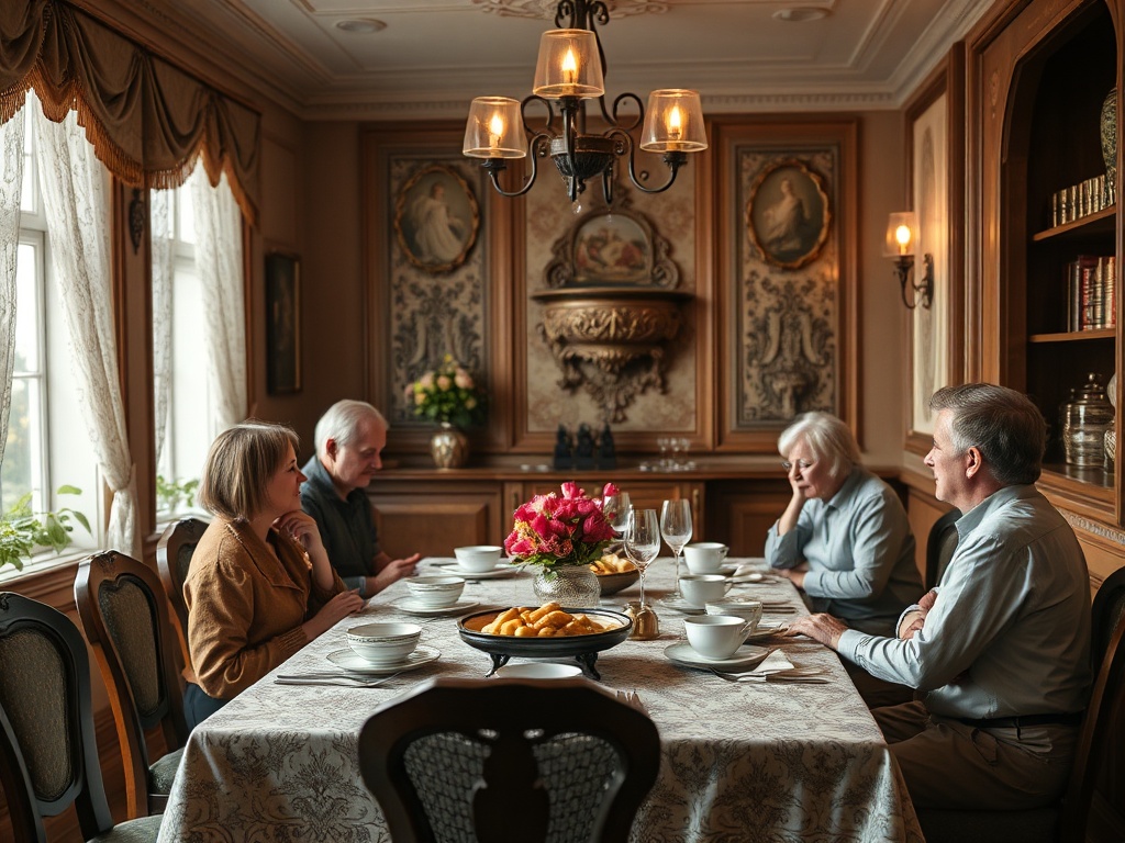 На столе собрались четыре человека, обсуждая что-то важное в уютном интерьере. На столе угощения.