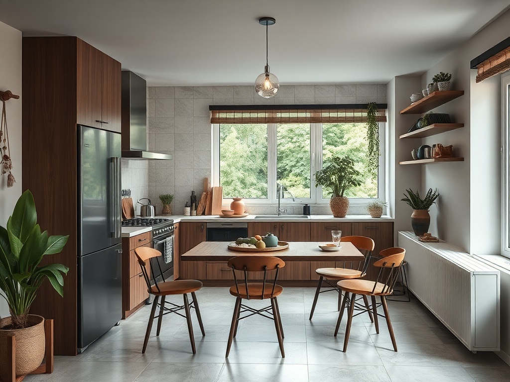 Кухня с деревянной мебелью, большими окнами и растениями, уютное пространство для обеда.