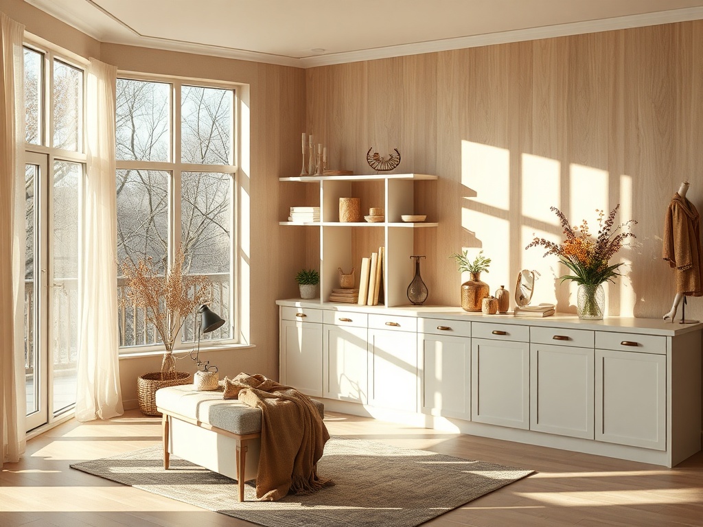 Светлая комната с большими окнами, мебели в светлых тонах и элементами декора, создающими уютную атмосферу.