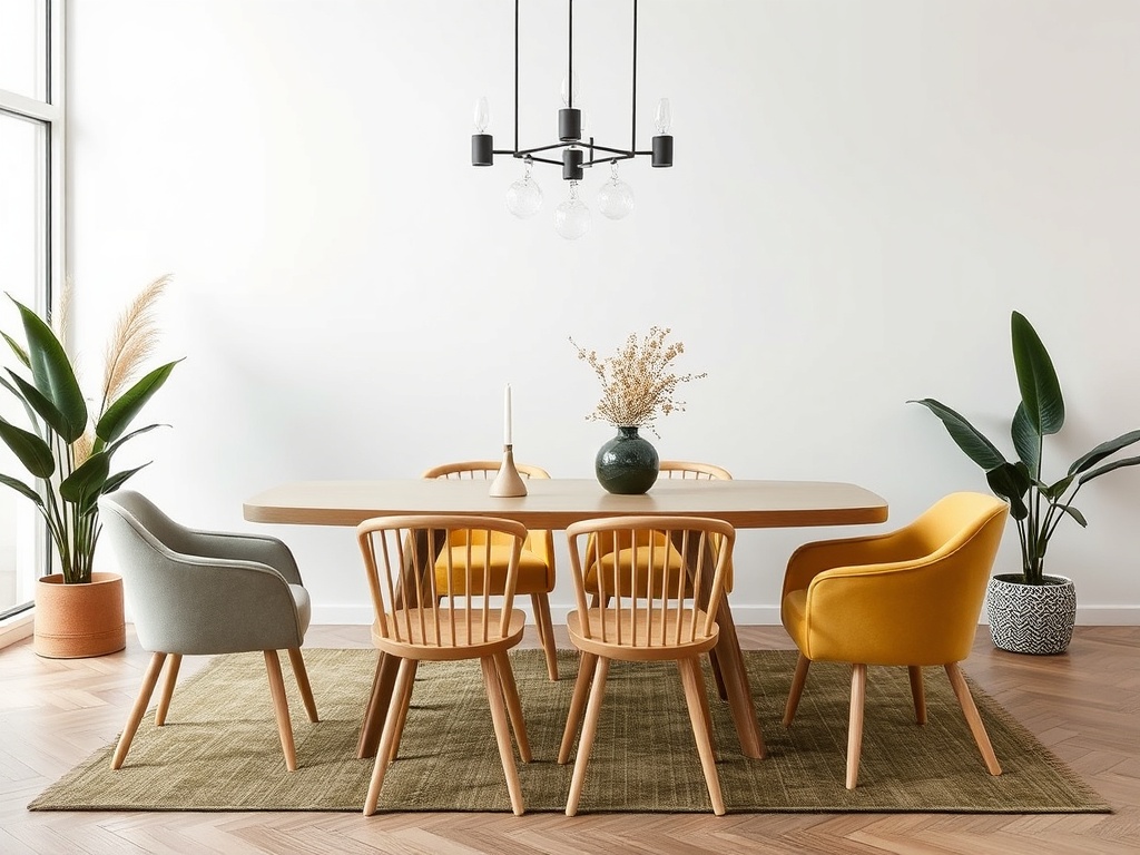 Стильный обеденный стол с цветными стульями и растениями в светлом интерьере.
