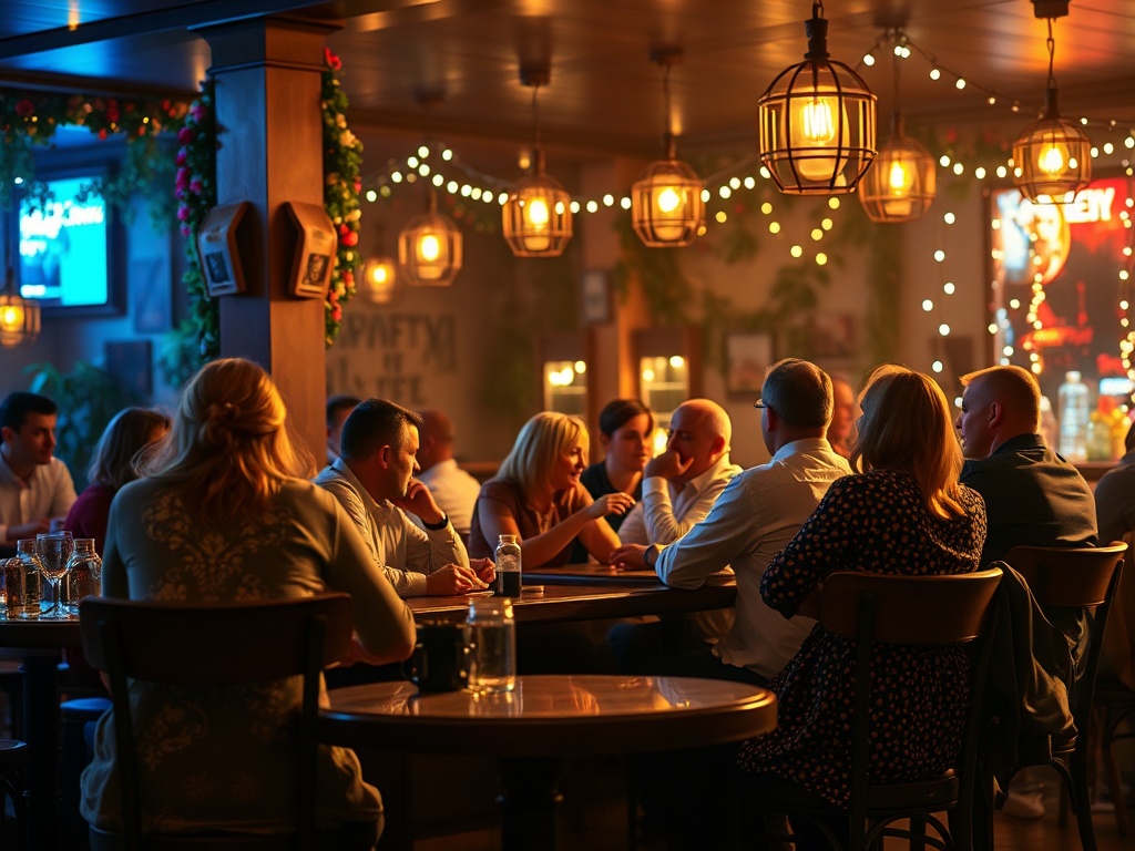 На уютной вечеринке сидят люди за столами, общаются и наслаждаются атмосферой заведения.