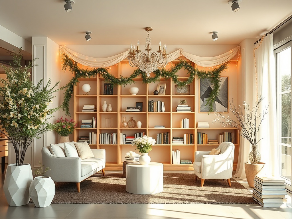 Уютная гостиная с библиотекой, креслами и зелеными растениями, украшенная светом и текстилем.