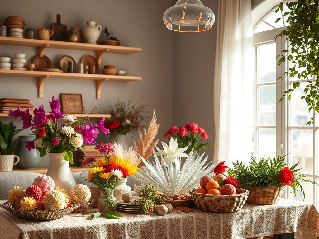 На столе красивые цветы и декоративные фрукты, создающие уютную атмосферу в светлом интерьере.